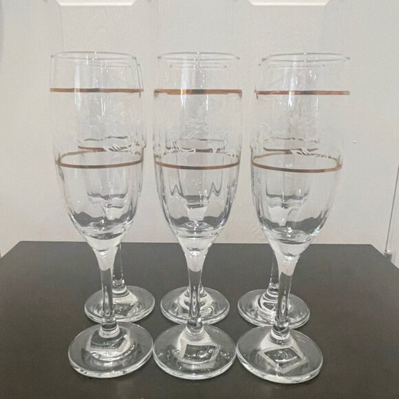 CICLE WARE SET OF 6 CHAMPAGNE FLUTES DUTCHES GOLD RIM FLORAL MADE IN TURKEY - Picture 13 of 16